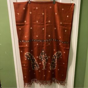 Elegant Rust Embroidered Shawl with Fringe